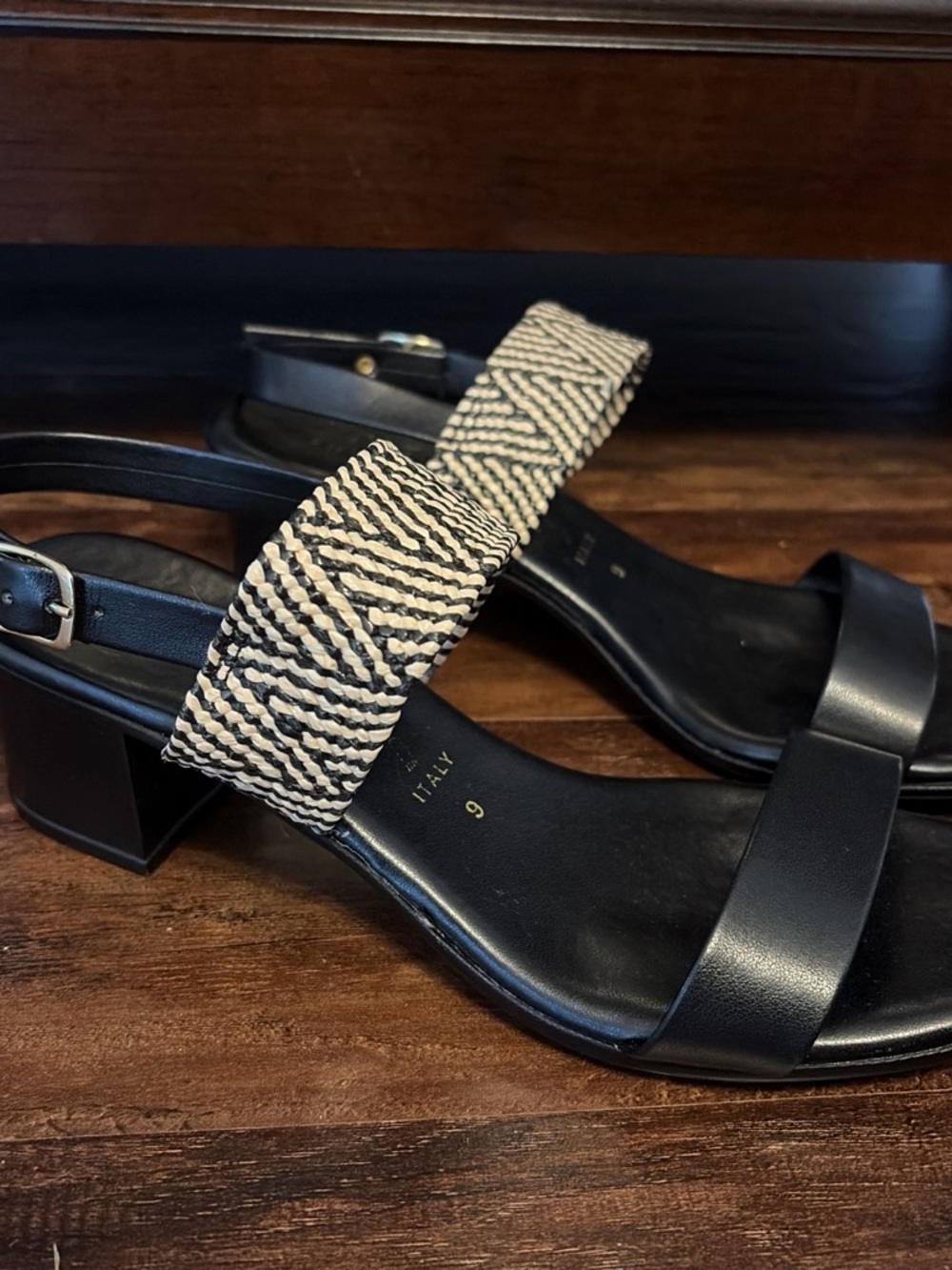 Black Leather and Woven Strap Women's Sandals
